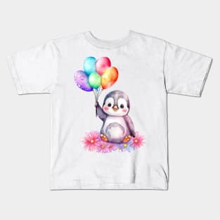 baby penguin holds balloon Kids T-Shirt